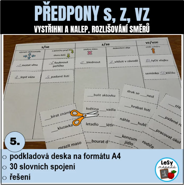 Předpony s, z, vz - vystřihni a nalep, zdarma