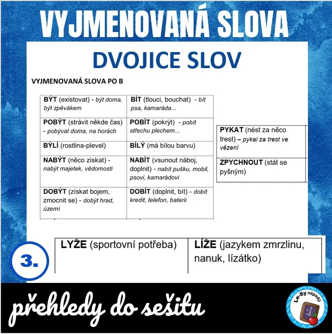 Vyjmenovaná slova - dvojice k nalepení do sešitu