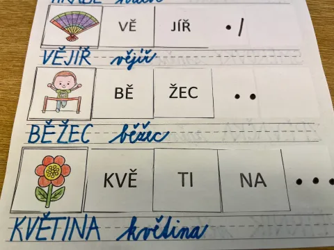 Materiál Skládání slov ze slabik (dě-tě-ně, bě-pě-vě-mě) použitý ve třídě