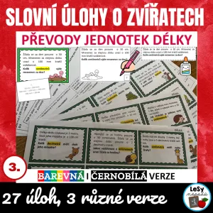 Slovní úlohy o zvířatech na kartičkách s převody jednotek délky